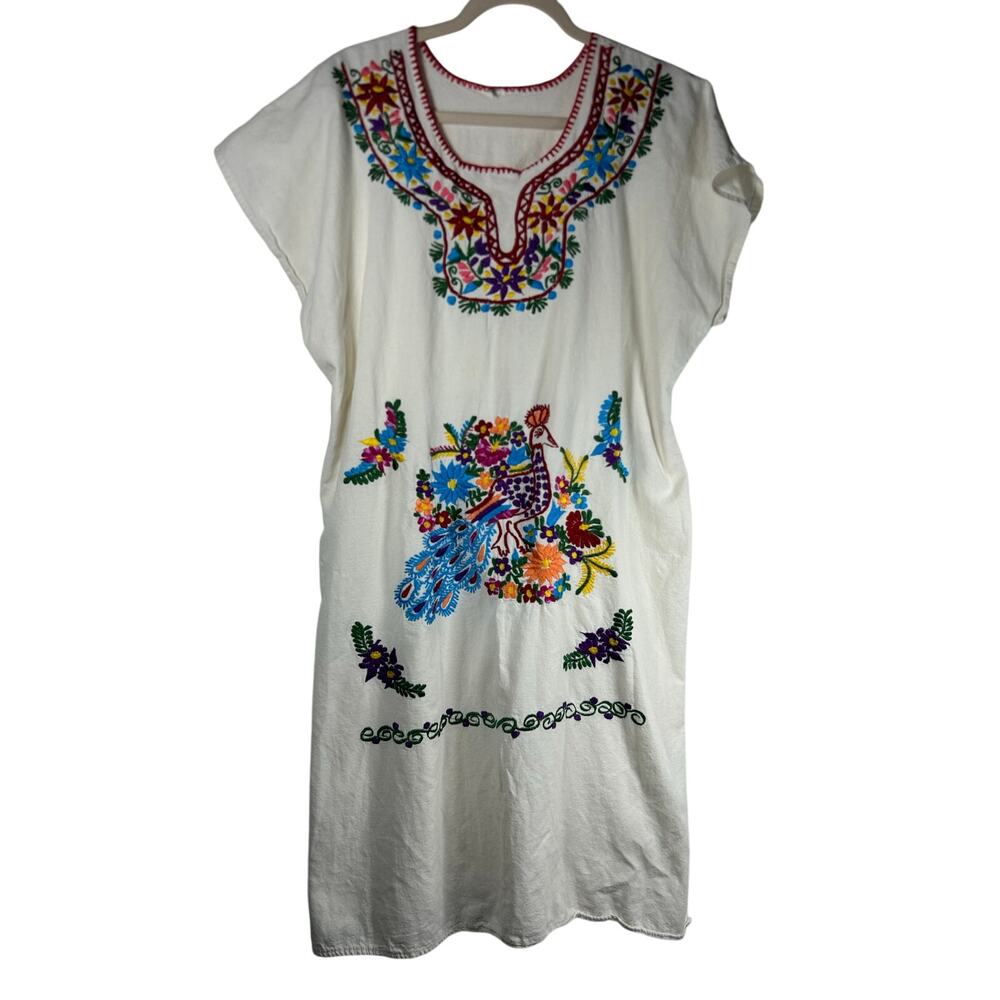 Zaros Artesanias Vestido/Kimonas Hand Made Embroidered Dress White Sz L hippie